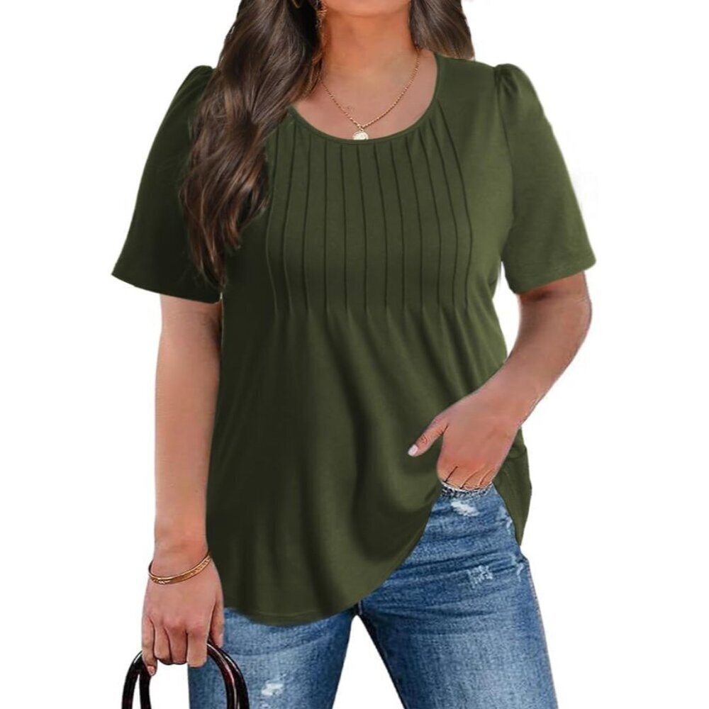 Plus Size Summer Top Puff Sleeves Pleated Crew Neck Casual Blouse